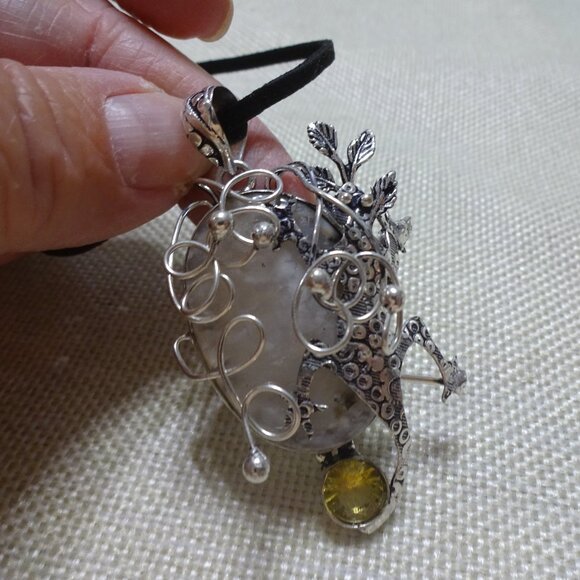 Unique RAINBOW MOONSTONE & CITRINE LIZARD Handmade Sterling 925 Pendant/Cord - Picture 1 of 3